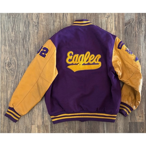 2002 Holloway Letterman Jacket Womens Lg Purple Mustard Eagles Speech Band Cheer - Picture 2 of 8